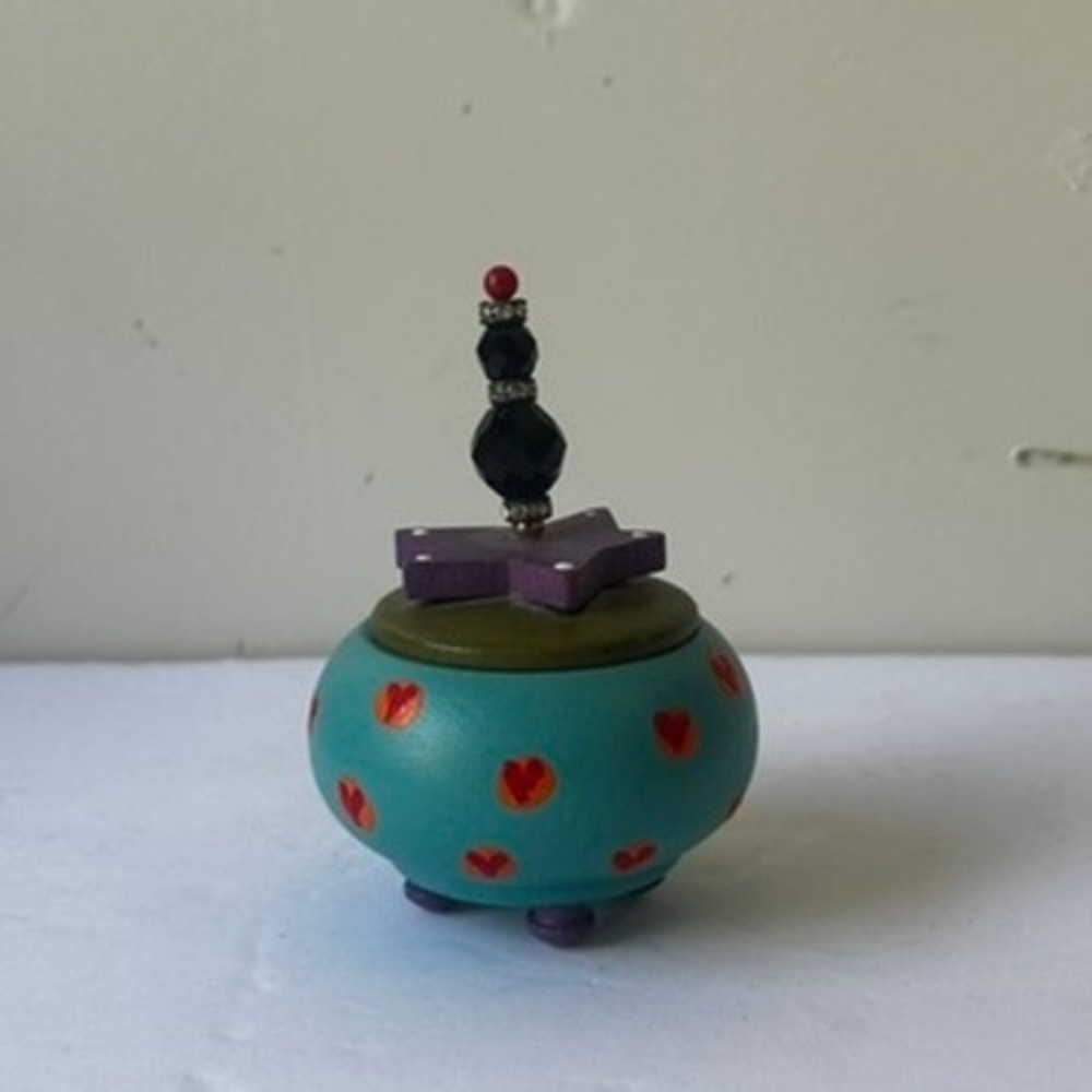 Vintage C Paul 1993 Hand Painted Wood Trinket Box Hearts Star Whimsy Finial 4"